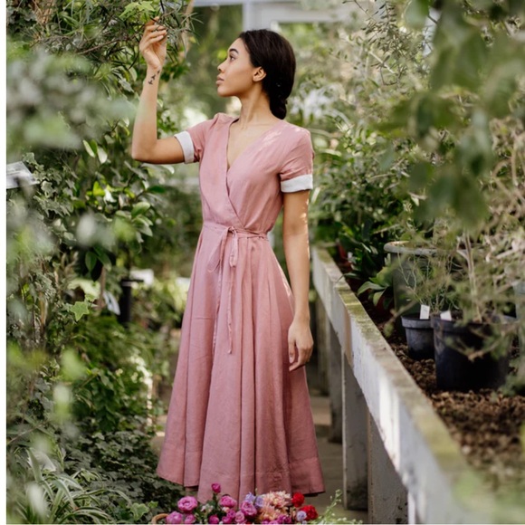 Son de Flor Dresses & Skirts - Son De Flor Wrap Dress Short Sleeve 100% Linen in Burnt Coral Size XL